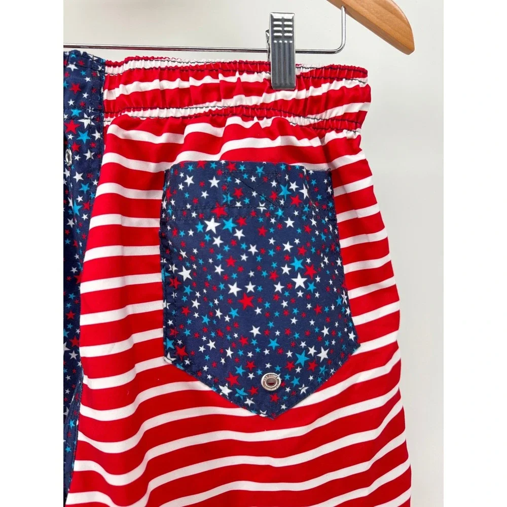 Lands' End Swim Trunks Mens Medium Red White‎ Blue USA Patriotic Stars Stripes